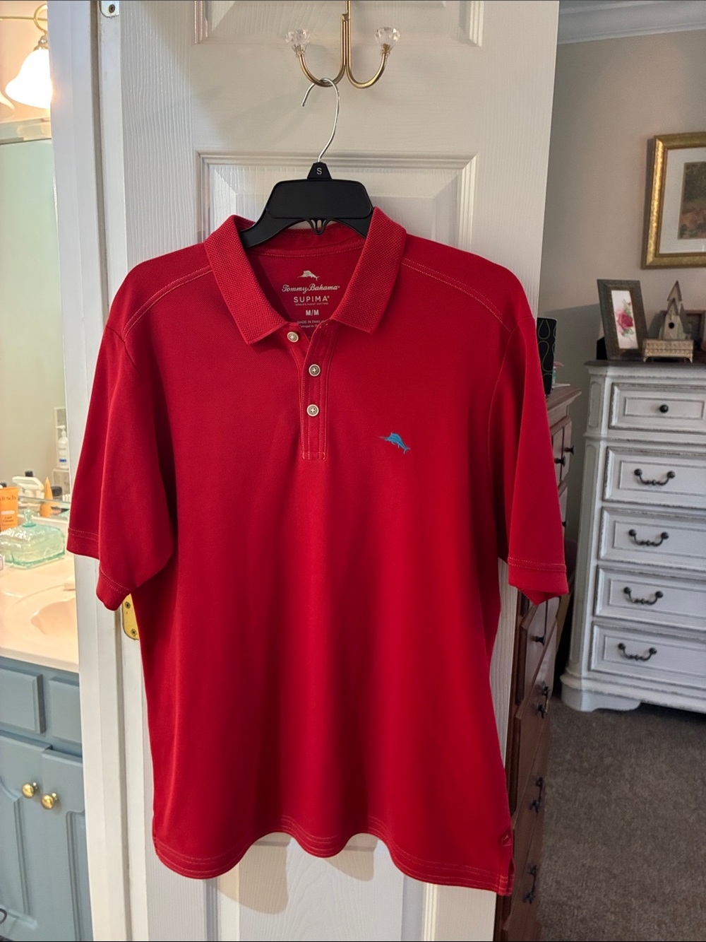 Tommy Bahama Red Pique Supima Cotton Golf Polo Marlin Logo SZ M